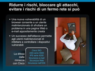 © 2010 Cisco e/o i relativi affiliati. Tutti i diritti riservati.
Ridurre i rischi, bloccare gli attacchi,
evitare i rischi di un fermo rete si può
 Una nuova vulnerabilità di un
browser consente a un utente
malintenzionato di sfruttare un
problema in una pagina Web o
e-mail appositamente creata
 Un successo dell'attacco permette
agli utenti malintenzionati di
infettare e controllare i dispositivi
vulnerabili
La difesa
dalle
minacce
con Cisco
Cisco SIO
ASA serie 5500
IPS serie 4200
Sicurezza e-mail
Sicurezza Web
Sicurezza nell’IOS
 