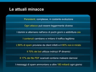 © 2010 Cisco e/o i relativi affiliati. Tutti i diritti riservati.
Le attuali minacce
Persistenti, complesse, in costante evoluzione
Ogni attacco può essere leggermente diverso
I domini si alternano nell'arco di pochi giorni o addirittura ore
I contenuti cambiano e imitano il traffico legittimo
L'80% di spam proviene da client infetti e il 90% non è mirato
Il 70% dei bot utilizza indirizzi IP dinamici
Il 17% dei file PDF scaricati contiene malware dannosi
I messaggi di spam ammontano a oltre 180 miliardi ogni giorno
 