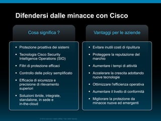 © 2010 Cisco e/o i relativi affiliati. Tutti i diritti riservati.
Difendersi dalle minacce con Cisco
Cosa significa ?
 Protezione proattiva dei sistemi
 Tecnologia Cisco Security
Intelligence Operations (SIO)
 Filtri di protezione efficaci
 Controllo delle policy semplificato
 Efficacia di sicurezza e
precisione di rilevamento
superiori
 Soluzioni ibride, integrate,
standalone, in sede e
in-the-cloud
Vantaggi per le aziende
 Evitare inutili costi di ripulitura
 Proteggere la reputazione del
marchio
 Aumentare i tempi di attività
 Accelerare la crescita adottando
nuove tecnologie
 Ottimizzare l'efficienza operativa
 Aumentare il livello di conformità
 Migliorare la protezione da
minacce nuove ed emergenti
 