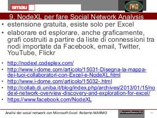 9. NodeXL per fare Social Network Analysis
• estensione gratuita, esiste solo per Excel
• elaborare ed esplorare, anche gr...