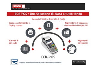 ECR-POS
Registratore di cassa con
trasmissione corrispettivi
Scanner di
bar-code
Cassa con stampante e
Display utente
Pagamenti
elettronici
Memoria Fiscale e Giornale di fondo
ECR-POS / Una soluzione di cassa a tutto tondo
Gruppo di lavoro Innovazione nel Retail – Assintel Confcommercio
 