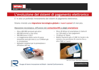 L’evoluzione dei sistemi di pagamento elettronico
E’ in atto un profondo rinnovamento dei sistemi di pagamento elettronico.
Stiamo vivendo una migrazione tecnologica globale e nuovi scenari di mercato.
Migrazione tecnologica: diffusione del contactless/Nfc e degli smartphone
− Oltre 400.000 terminali già attivi
− 600.000 previsti a fine anno
− 900.000 entro il 2017
− La maggioranza delle carte di nuova
emissione sono già cless (c.ca 12 Milioni già
in circolazione)
− Molteplici iniziative per la promozione e
diffusione dell’uso
− Oltre 40 Milioni di smartphone in Italia di
cui 12M adatti a fare pagamenti
− 10 Milioni di Tablet
− Mobile Payments già a 2,2M€ (in locale o da
remoto) con previsione di crescita fino a
oltre 5M€ in 3 anni)
Dati 2013 Fonte: Osservatori Politecnico
Gruppo di lavoro Innovazione nel Retail – Assintel Confcommercio
 