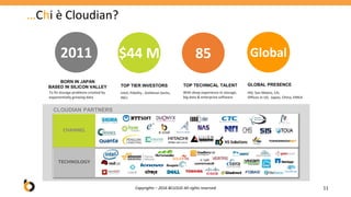 CLOUDIAN PARTNERS
TECHNOLOGY
GLOBAL PRESENCE
HQ: San Mateo, CA;
Offices in US, Japan, China, EMEA
TOP TECHNICAL TALENT
With deep experience in storage,
big data & enterprise software
TOP TIER INVESTORS
Intel, Fidelity , Goldman Sachs,
INCJ
BORN IN JAPAN
BASED IN SILICON VALLEY
To fix storage problems created by
exponentially growing data
2011 $44 M 85 Global
CHANNEL
Copyrights – 2016 BCLOUD All rights reserved
…Chi è Cloudian?
11
 