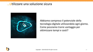 …Utilizzare una soluzione sicura
Copyrights – 2016 BCLOUD All rights reserved 23
Abbiamo compreso il potenziale della
tecnologia digitale utilizzandola ogni giorno.
Come possiamo trarre vantaggio per
ottimizzare tempi e costi?
 