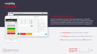 mobility
controller.
27
mytom app & web app
mytom raccoglie dati in tempo reale sulla produzione, li restituisce
elaborati in una web application per “raccontare” l’andamento sui tempi
di produzione e prevedere possibili interruzioni del lavoro. Inoltre ha lo
scopo di ottimizzare la comunicazione tra produzione e management.
una app android per la raccolta dati in mobilità
una web app per la gestione e controllo del flusso dati
API per l’import export dei dati verso l’ERP aziendale
https://app.mytom.it
 