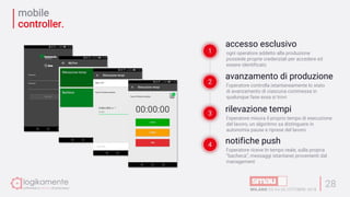 mobile
controller.
28
1 ogni operatore addetto alla produzione
possiede proprie credenziali per accedere ed
essere identificato
accesso esclusivo
l’operatore controlla istantaneamente lo stato
di avanzamento di ciascuna commessa in
qualunque fase essa si trovi
avanzamento di produzione
l’operatore misura il proprio tempo di esecuzione
del lavoro, un algoritmo sa distinguere in
autonomia pause e riprese del lavoro
rilevazione tempi
l’operatore riceve In tempo reale, sulla propria
“bacheca”, messaggi istantanei provenienti dal
management
notifiche push
2
3
4
 