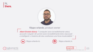 hi,
there.
05
filippo orlando, product owner
Albert Einstein diceva: “I computer sono incredibilmente veloci,
accurati e stupidi. Gli uomini sono incredibilmente lenti, inaccurati
e intelligenti. L'insieme dei due costituisce una forza incalcolabile.”
filippo-orlando-tn filippo.orlando.tn
 