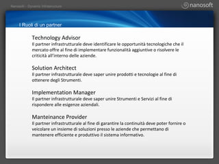 I Ruoli di un partner Technology Advisor Il partner infrastrutturale deve identificare le opportunità tecnologiche che il mercato offre al fine di implementare funzionalità aggiuntive o risolvere le criticità all’interno delle aziende. Solution Architect Il partner infrastrutturale deve saper unire prodotti e tecnologie al fine di ottenere degli Strumenti. Implementation Manager Il partner infrastrutturale deve saper unire Strumenti e Servizi al fine di rispondere alle esigenze aziendali. Manteinance Provider  Il partner infrastrutturale al fine di garantire la continuità deve poter fornire o veicolare un insieme di soluzioni presso le aziende che permettano di mantenere efficiente e produttivo il sistema informativo. 