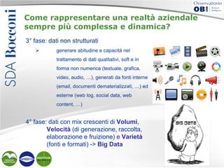 Come rappresentare una realtà aziendale
sempre più complessa e dinamica?
3° fase: dati non strutturati


generare abitudine e capacità nel
trattamento di dati qualitativi, soft e in
forma non numerica (testuale, grafica,
video, audio, …), generati da fonti interne
(email, documenti dematerializzati, …) ed
esterne (web log, social data, web
content, …)

4° fase: dati con mix crescenti di Volumi,
Velocità (di generazione, raccolta,
elaborazione e fruizione) e Varietà
(fonti e formati) -> Big Data

 