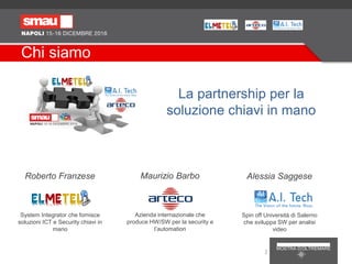 Chi siamo
System Integrator che fornisce
soluzioni ICT e Security chiavi in
mano
Azienda internazionale che
produce HW/SW per la security e
l’automation
Spin off Università di Salerno
che sviluppa SW per analisi
video
Roberto Franzese Maurizio Barbo Alessia Saggese
La partnership per la
soluzione chiavi in mano
2
 