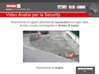 Video Analisi per la Security
Rilevamento di oggetti abbandonati (spazzatura sul ciglio della
strada, veicolo parcheggiato in divieto di sosta)
Rilevamento di targhe
21
 