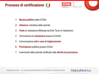Titolo della presentazioneOspitalità Italiana – un canale di distribuzione per il turismo e l’enogastronomia
Processo di certificazione
1 Bando pubblico della CCIAA;
2 Adesione volontaria delle aziende
3 Visite di valutazione effettuate da Ente Terzo di Valutazione
4 Commissione di valutazione presso le CCIAA
5 Comunicazione esiti e aree di miglioramento
6 Premiazione pubblica presso CCIAA
7 Inserimento delle aziende certificate nelle attività di promozione
 