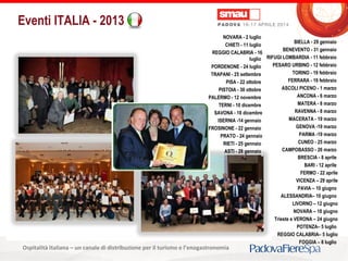 Titolo della presentazioneOspitalità Italiana – un canale di distribuzione per il turismo e l’enogastronomia
BIELLA - 29 gennaio
BENEVENTO - 31 gennaio
RIFUGI LOMBARDIA - 11 febbraio
PESARO URBINO - 12 febbraio
TORINO - 19 febbraio
FERRARA - 19 febbraio
ASCOLI PICENO - 1 marzo
ANCONA - 6 marzo
MATERA - 8 marzo
RAVENNA - 8 marzo
MACERATA - 19 marzo
GENOVA -19 marzo
PARMA -19 marzo
CUNEO - 25 marzo
CAMPOBASSO - 26 marzo
BRESCIA - 8 aprile
BARI - 12 aprile
FERMO - 22 aprile
VICENZA – 29 aprile
PAVIA – 10 giugno
ALESSANDRIA– 10 giugno
LIVORNO – 12 giugno
NOVARA – 18 giugno
Trieste e VERONA – 24 giugno
POTENZA– 5 luglio
REGGIO CALABRIA– 5 luglio
FOGGIA – 8 luglio
NOVARA - 2 luglio
CHIETI - 11 luglio
REGGIO CALABRIA - 16
luglio
PORDENONE - 24 luglio
TRAPANI - 25 settembre
PISA - 22 ottobre
PISTOIA - 30 ottobre
PALERMO - 12 novembre
TERNI - 10 dicembre
SAVONA - 18 dicembre
ISERNIA -14 gennaio
FROSINONE - 22 gennaio
PRATO - 24 gennaio
RIETI - 25 gennaio
ASTI - 28 gennaio
Eventi ITALIA - 2013
 