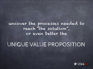 uncover the processes needed to
reach “the solution”,
or even better the
UNIQUE VALUE PROPOSITION
ideato
*
 