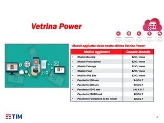 14
Moduli aggiuntivi della nostra offerta Vetrina Power:
Moduli aggiuntivi Canone Mensile
• Modulo Booking 12 € / mese
• Modulo Prenotazione 12 € / mese
• Modulo Catalogo 12 € / mese
• Modulo Food 12 € / mese
• Modulo Web Site 12 € / mese
• Pacchetto 100 sms 14 € U.T
• Pacchetto 500 sms 58 € U.T
• Pacchetto 5000 sms 390 € U.T
• Pacchetto 10000 mail 10 € U.T
• Pacchetto Formazione da 60 minuti 50 € U.T
Vetrina Power
 