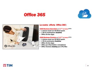 29
La nostra offerta Office 365 :
O365 Business Essentials a € 4.00 al mese più Iva
 1 utenza email con 50 GB di spazio
 1 TB di archiviazione OneDrive
 Office On-line Apps
O365 Business Premium a € 10.00 al mese più Iva
 1 utenza email con 50 GB di spazio
 1 TB di archiviazine OneDrive
 Office On-line Apps
 Office per iPad/Tablet e smartphone
 Office Versione Desktop per 5 PC/Mac
Office 365
 