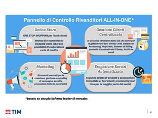 41
Pannello di Controllo Rivenditori ALL-IN-ONE*
Online Store
ONE STOP SHOPPING per i tuoi clienti
Marketing
Gestione Clienti
Centralizzata
Erogazione Servizi
Automatizzata
Acquisto diretto di prodotti e associazione
immediata ai tuoi clienti, provisioning real
time per la maggior parte dei servizi
Vetrina di e-commerce in
modalità white-label con
possibilità di elaborazione
carte di credito
In un unico strumento tutto ciò che serve per
la gestione dei tuoi clienti: CRM, Sistema di
Accounting, Help Desk, Sistema di Billing ,
pannello di controllo del Cliente, Notifiche
email
Strumenti avanzati per la
creazione, gestione e reporting
di campagne, sconti e
promozioni, tutto in pochi click
*basato su una piattaforma leader di mercato:
 