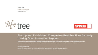 TREE SRL
Startup and Established Companies: Best Practices for really
making Open Innovation happen
Evolution of corporate programs for startups and how to grab new opportunities
SMAU PADOVA
31 March 2017
Head of Innovation @ Tree, Mentor in Residence @ TIM WCAP Milano
Paolo Lombardi
 
