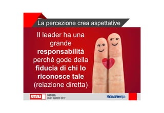 La percezione crea aspettative
Il leader ha una
grande
responsabilità
perché gode della
fiducia di chi lo
riconosce tale
(relazione diretta)
 