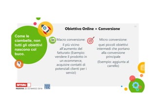 Macro conversione:
il più vicino
all’aumento del
fatturato (Esempio:
vendere il prodotto in
un ecommerce,
acquisire contatti di
potenziali clienti per i
servizi)
Come le
ciambelle, non
tutti gli obiettivi
nascono col
buco.
10
Micro conversione:
quei piccoli obiettivi
intermedi che portano
alla conversione
principale
(Esempio: aggiunta al
carrello)
Obiettivo Online = Conversione
 