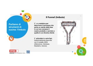 Parliamo di
strumenti di
cucina: l’imbuto
12
E’ una metafora per
descrivere il processo che
porta un utente dalla fase
in cui non conosce il
nostro prodotto o servizio a
quella in cui diventa cliente
E’ articolato in varie fasi,
tradizionalmente descritte
con il modello AIDA
(Attenzione, Interesse,
Desiderio, Azione)
Il Funnel (Imbuto)
 