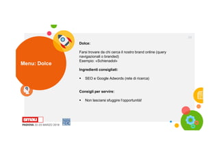 Menu: Dolce
29
Dolce:
Farsi trovare da chi cerca il nostro brand online (query
navigazionali o branded)
Esempio: «Schienadol»
Ingredienti consigliati:
 SEO e Google Adwords (rete di ricerca)
Consigli per servire:
 Non lasciarsi sfuggire l’opportunità!
 