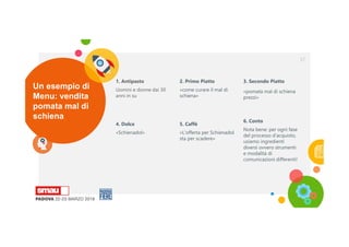 1. Antipasto
Uomini e donne dai 30
anni in su
2. Primo Piatto
«come curare il mal di
schiena»
3. Secondo Piatto
«pomata mal di schiena
prezzi»
Un esempio di
Menu: vendita
pomata mal di
schiena
4. Dolce
«Schienadol»
5. Caffè
«L’offerta per Schienadol
sta per scadere»
6. Conto
Nota bene: per ogni fase
del processo d’acquisto,
usiamo ingredienti
diversi ovvero strumenti
e modalità di
comunicazioni differenti!
37
 
