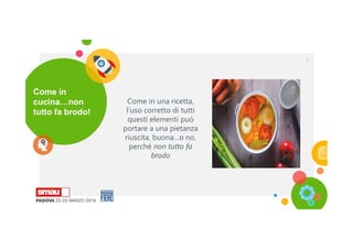 Come in una ricetta,
l’uso corretto di tutti
questi elementi può
portare a una pietanza
riuscita, buona…o no,
perché non tutto fa
brodo
Come in
cucina…non
tutto fa brodo!
7
 