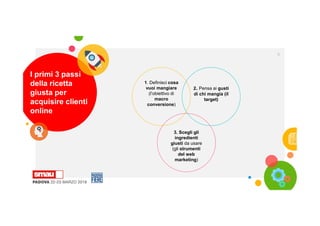 I primi 3 passi
della ricetta
giusta per
acquisire clienti
online
1. Definisci cosa
vuoi mangiare
(l’obiettivo di
macro
conversione)
3. Scegli gli
ingredienti
giusti da usare
(gli strumenti
del web
marketing)
2. Pensa ai gusti
di chi mangia (il
target)
9
 