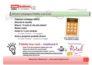Attivare campagne Fidelity Low Cost

•    Fidelizza e premia i clienti
•    Stimola le vendite
•    Misura “il ciclo di vi...