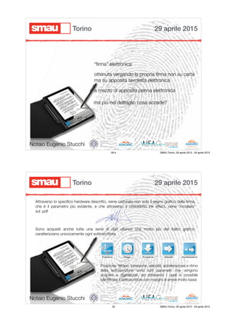 “ﬁrma” elettronica
ottenuta vergando la propria ﬁrma non su carta
ma su apposita tavoletta elettronica
a mezzo di apposita penna elettronica
ma più nel dettaglio cosa accade?
Notaio Eugenio Stucchi
29 aprile 2015Torino
28-4 SMAU Torino, 29 aprile 2015 - 29 aprile 2015
Attraverso lo speciﬁco hardware descritto, viene catturato non solo il segno graﬁco della ﬁrma,
che è il parametro più evidente, e che attraverso il cosiddetto ink effect, viene “incollato”
sul .pdf
Sono acquisiti anche tutta una serie di dati ulteriori che molto più del tratto graﬁco,
caratterizzano univocamente ogni sottoscrittore
Posizione, tempo, pressione, velocità, accelerazione e ritmo
della sottoscrizione sono tutti parametri che vengono
acquisiti e digitalizzati, ed attraverso i quali è possibile
identiﬁcare il sottoscrittore con margini di errore molto bassi
Notaio Eugenio Stucchi
29 aprile 2015Torino
29 SMAU Torino, 29 aprile 2015 - 29 aprile 2015
 
