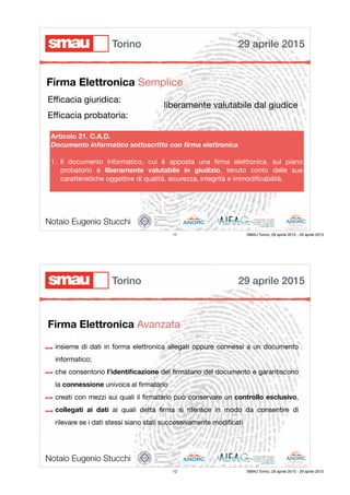 Firma Elettronica Semplice
Notaio Eugenio Stucchi
Eﬃcacia giuridica:

Eﬃcacia probatoria:
liberamente valutabile dal giudice
Articolo 21. C.A.D.
Documento informatico sottoscritto con ﬁrma elettronica
1. Il documento informatico, cui è apposta una ﬁrma elettronica, sul piano
probatorio è liberamente valutabile in giudizio, tenuto conto delle sue
caratteristiche oggettive di qualità, sicurezza, integrità e immodiﬁcabilità.

29 aprile 2015Torino
11 SMAU Torino, 29 aprile 2015 - 29 aprile 2015
insieme di dati in forma elettronica allegati oppure connessi a un documento
informatico;

che consentono l’identiﬁcazione del ﬁrmatario del documento e garantiscono
la connessione univoca al ﬁrmatario

creati con mezzi sui quali il ﬁrmatario può conservare un controllo esclusivo,
collegati ai dati ai quali detta ﬁrma si riferisce in modo da consentire di
rilevare se i dati stessi siano stati successivamente modiﬁcati

Notaio Eugenio Stucchi
Firma Elettronica Avanzata
29 aprile 2015Torino
12 SMAU Torino, 29 aprile 2015 - 29 aprile 2015
 