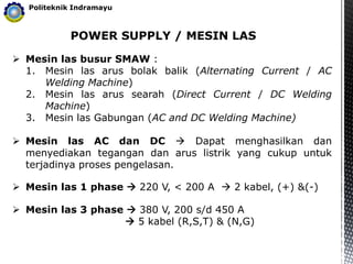 POWER SUPPLY / MESIN LAS
Politeknik Indramayu
 Mesin las busur SMAW :
1. Mesin las arus bolak balik (Alternating Current / AC
Welding Machine)
2. Mesin las arus searah (Direct Current / DC Welding
Machine)
3. Mesin las Gabungan (AC and DC Welding Machine)
 Mesin las AC dan DC  Dapat menghasilkan dan
menyediakan tegangan dan arus listrik yang cukup untuk
terjadinya proses pengelasan.
 Mesin las 1 phase  220 V, < 200 A  2 kabel, (+) &(-)
 Mesin las 3 phase  380 V, 200 s/d 450 A
 5 kabel (R,S,T) & (N,G)
 