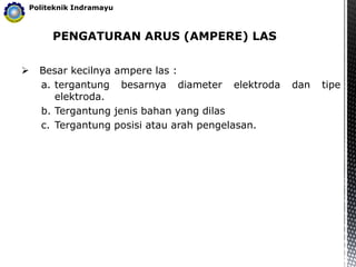 PENGATURAN ARUS (AMPERE) LAS
Politeknik Indramayu
 Besar kecilnya ampere las :
a. tergantung besarnya diameter elektroda dan tipe
elektroda.
b. Tergantung jenis bahan yang dilas
c. Tergantung posisi atau arah pengelasan.
 