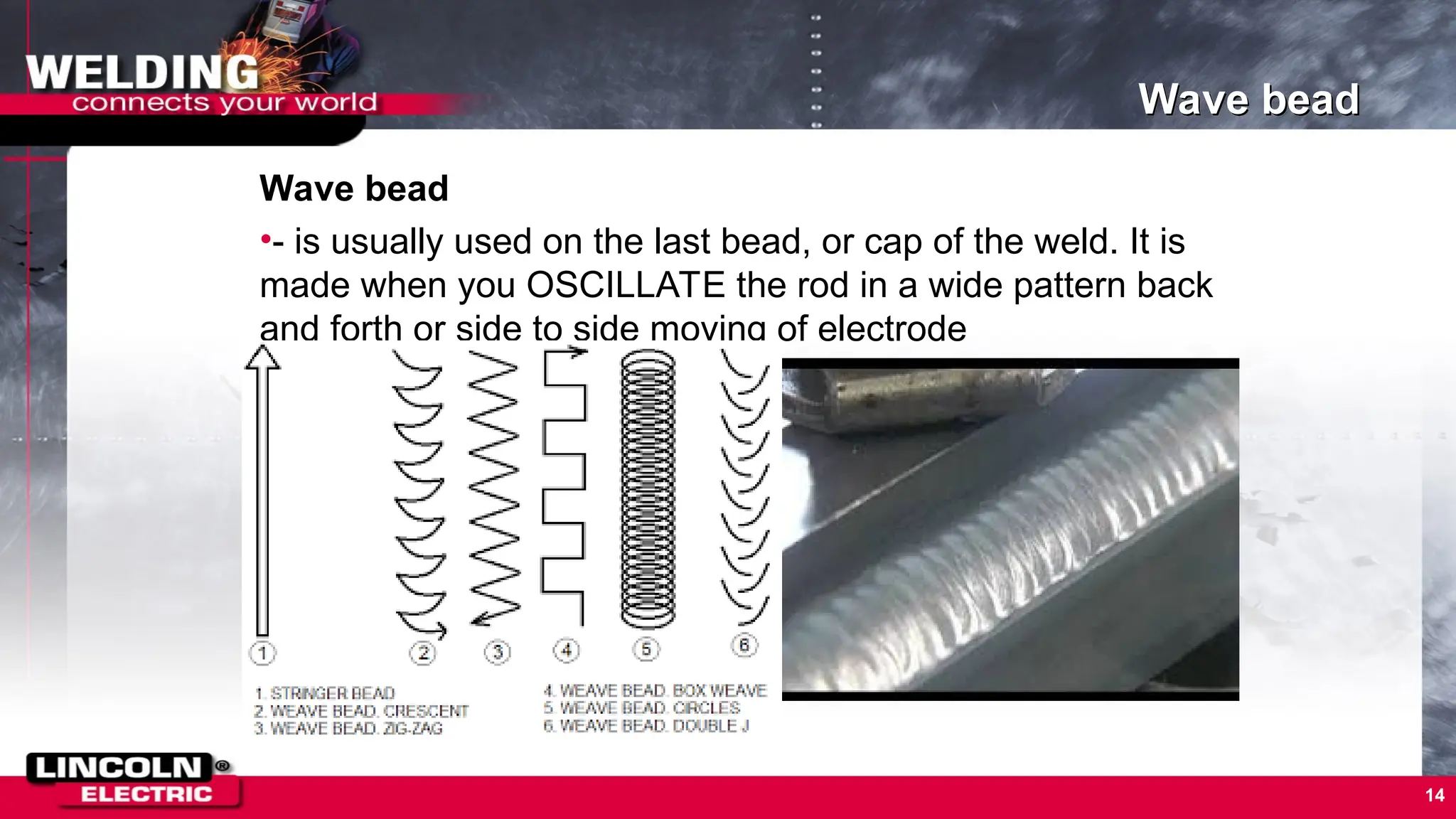 Wave bead
Wave bead
•- is usually used on the last bead, or cap of the weld. It is
made when you OSCILLATE the rod in a wide pattern back
and forth or side to side moving of electrode
14
 