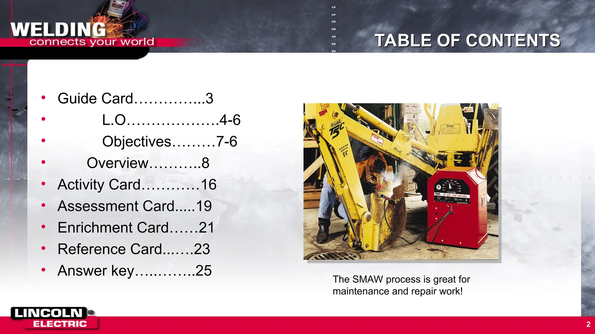 TABLE OF CONTENTS
• Guide Card…………...3
• L.O……………….4-6
• Objectives………7-6
• Overview………..8
• Activity Card…………16
• Assessment Card.....19
• Enrichment Card……21
• Reference Card...….23
• Answer key…..……..25
2
The SMAW process is great for
maintenance and repair work!
 