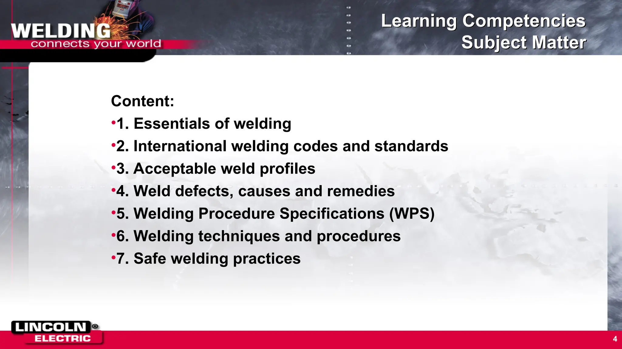 Learning Competencies
Subject Matter
Content:
•1. Essentials of welding
•2. International welding codes and standards
•3. Acceptable weld profiles
•4. Weld defects, causes and remedies
•5. Welding Procedure Specifications (WPS)
•6. Welding techniques and procedures
•7. Safe welding practices
4
 