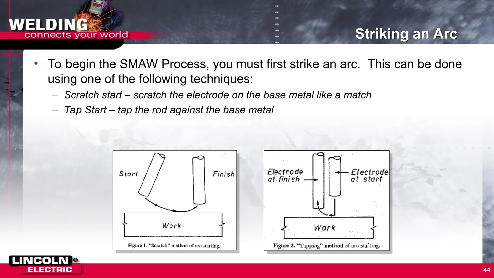 44
Striking an Arc
• To begin the SMAW Process, you must first strike an arc. This can be done
using one of the following techniques:
– Scratch start – scratch the electrode on the base metal like a match
– Tap Start – tap the rod against the base metal
 