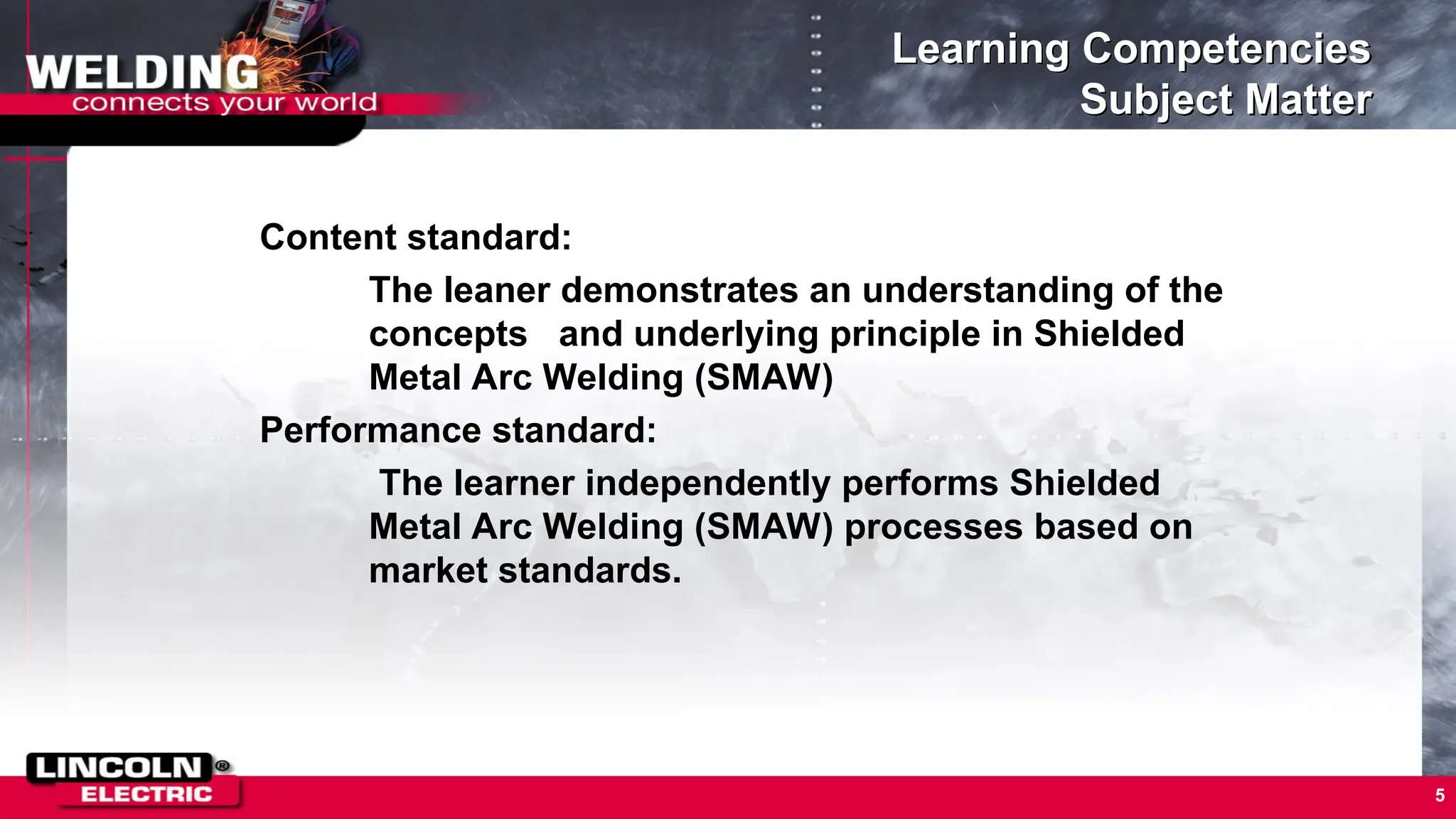 Learning Competencies
Subject Matter
Content standard:
The leaner demonstrates an understanding of the
concepts and underlying principle in Shielded
Metal Arc Welding (SMAW)
Performance standard:
The learner independently performs Shielded
Metal Arc Welding (SMAW) processes based on
market standards.
5
 