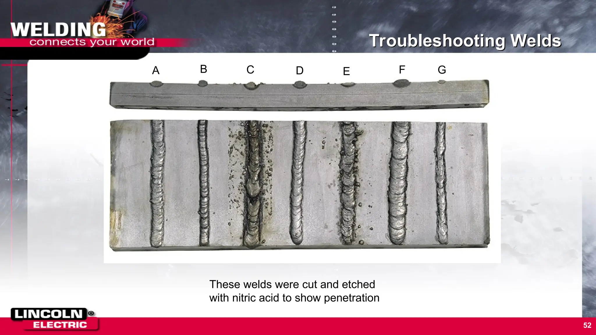 52
Troubleshooting Welds
A B C D E F G
These welds were cut and etched
with nitric acid to show penetration
 