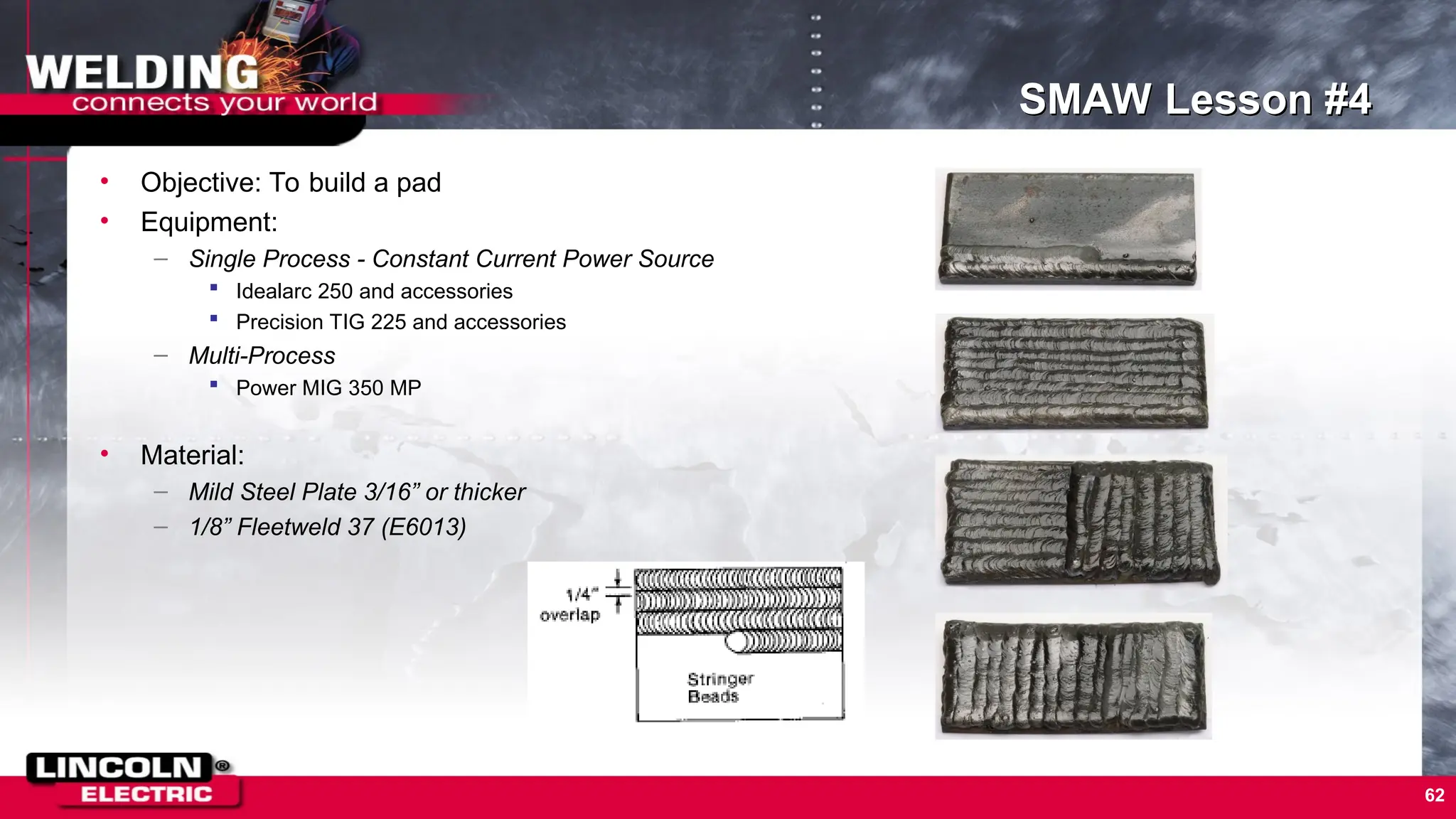 62
SMAW Lesson #4
• Objective: To build a pad
• Equipment:
– Single Process - Constant Current Power Source
 Idealarc 250 and accessories
 Precision TIG 225 and accessories
– Multi-Process
 Power MIG 350 MP
• Material:
– Mild Steel Plate 3/16” or thicker
– 1/8” Fleetweld 37 (E6013)
 