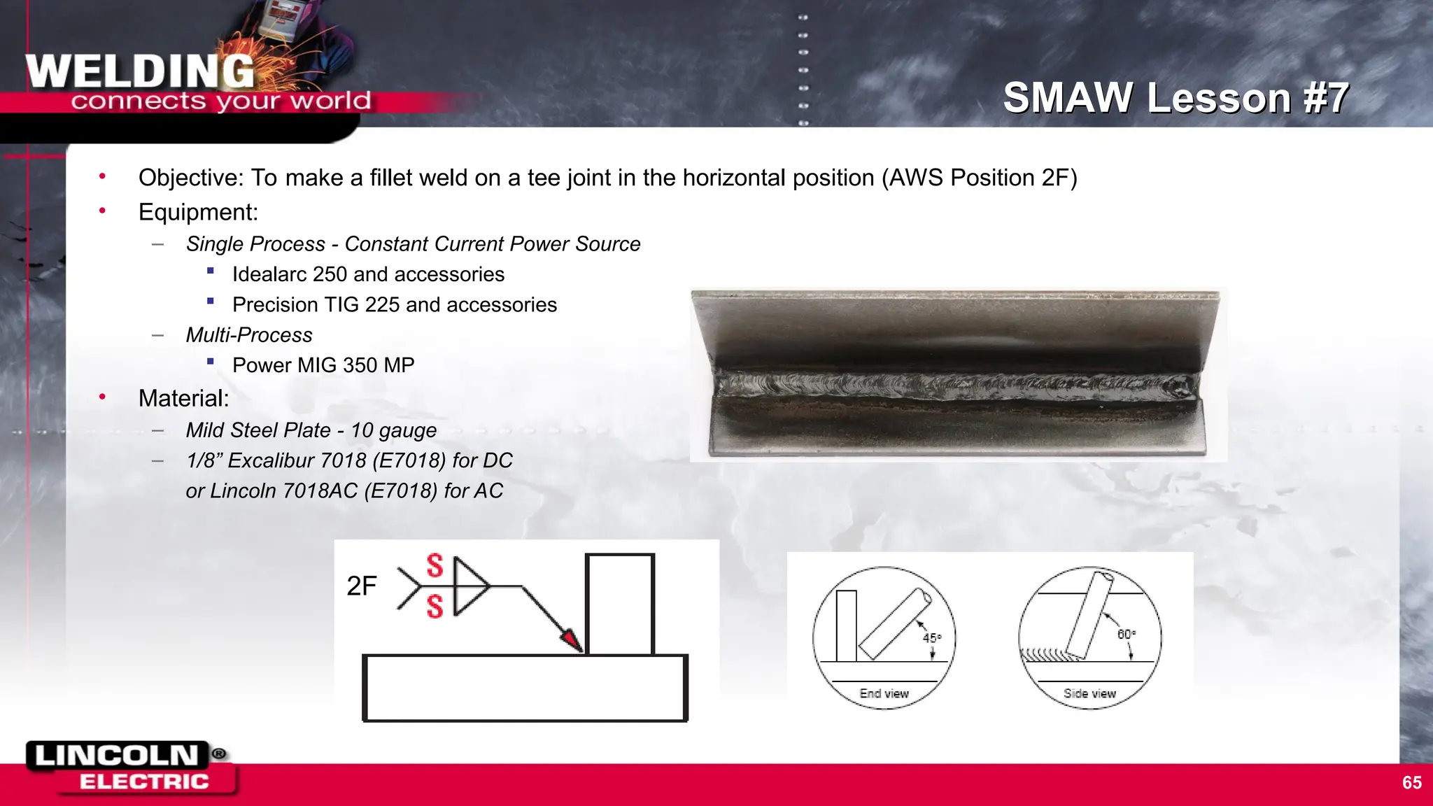 65
SMAW Lesson #7
• Objective: To make a fillet weld on a tee joint in the horizontal position (AWS Position 2F)
• Equipment:
– Single Process - Constant Current Power Source
 Idealarc 250 and accessories
 Precision TIG 225 and accessories
– Multi-Process
 Power MIG 350 MP
• Material:
– Mild Steel Plate - 10 gauge
– 1/8” Excalibur 7018 (E7018) for DC
or Lincoln 7018AC (E7018) for AC
2F
 
