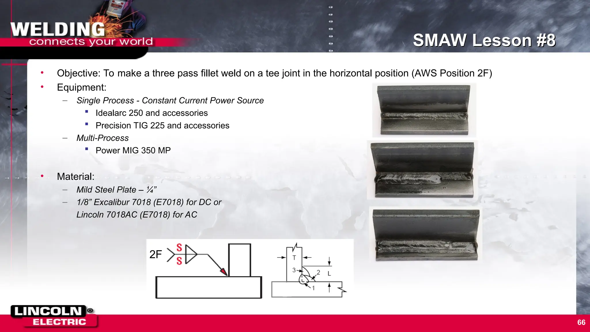 66
SMAW Lesson #8
• Objective: To make a three pass fillet weld on a tee joint in the horizontal position (AWS Position 2F)
• Equipment:
– Single Process - Constant Current Power Source
 Idealarc 250 and accessories
 Precision TIG 225 and accessories
– Multi-Process
 Power MIG 350 MP
• Material:
– Mild Steel Plate – ¼”
– 1/8” Excalibur 7018 (E7018) for DC or
Lincoln 7018AC (E7018) for AC
2F
 