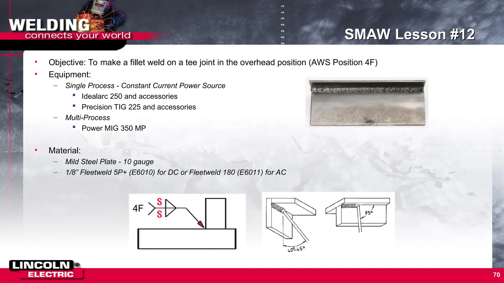 70
SMAW Lesson #12
• Objective: To make a fillet weld on a tee joint in the overhead position (AWS Position 4F)
• Equipment:
– Single Process - Constant Current Power Source
 Idealarc 250 and accessories
 Precision TIG 225 and accessories
– Multi-Process
 Power MIG 350 MP
• Material:
– Mild Steel Plate - 10 gauge
– 1/8” Fleetweld 5P+ (E6010) for DC or Fleetweld 180 (E6011) for AC
4F
 