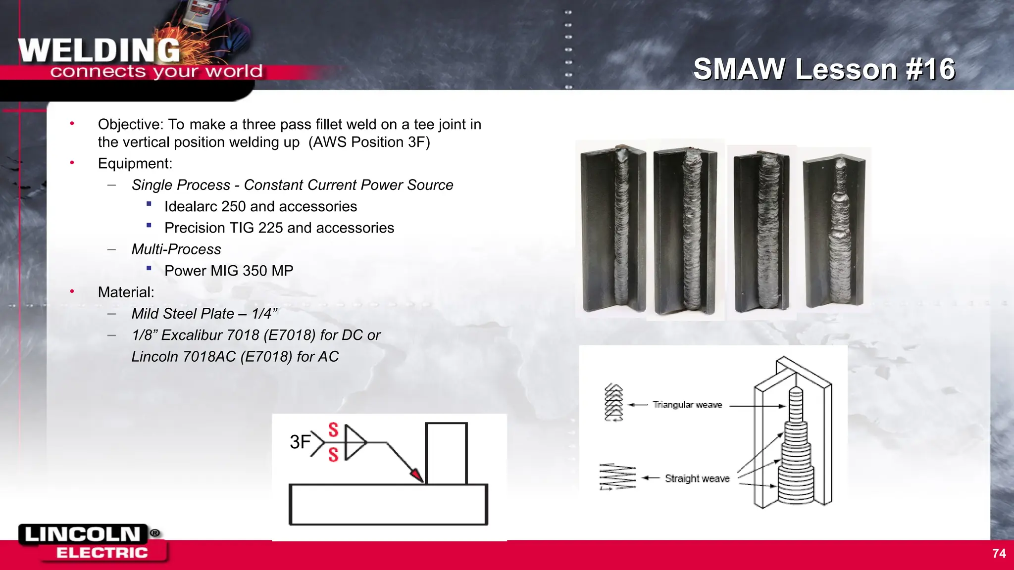 74
SMAW Lesson #16
• Objective: To make a three pass fillet weld on a tee joint in
the vertical position welding up (AWS Position 3F)
• Equipment:
– Single Process - Constant Current Power Source
 Idealarc 250 and accessories
 Precision TIG 225 and accessories
– Multi-Process
 Power MIG 350 MP
• Material:
– Mild Steel Plate – 1/4”
– 1/8” Excalibur 7018 (E7018) for DC or
Lincoln 7018AC (E7018) for AC
3F
 