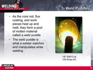 10
3- Weld Puddle
• As the core rod, flux
coating, and work
pieces heat up and
melt, they form a pool
of molten material
called a weld puddle
• The weld puddle is
what a welder watches
and manipulates while
welding
1/8” E6013 at
125 Amps AC
 