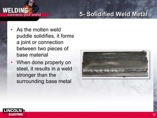 12
5- Solidified Weld Metal
• As the molten weld
puddle solidifies, it forms
a joint or connection
between two pieces of
base material
• When done properly on
steel, it results in a weld
stronger than the
surrounding base metal
 