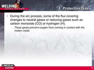 1. Protective Gas
• During the arc process, some of the flux covering
changes to neutral gases or reducing gases such as
carbon monoxide (CO) or hydrogen (H).
– These gases prevent oxygen from coming in contact with the
molten metal.
39
 