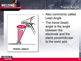 56
Travel Angle
• Also commonly called
Lead Angle
• The travel (lead)
angle is the angle
between the
electrode and the
plane perpendicular
to the weld axis
20-30°
 