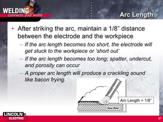 57
Arc Length
• After striking the arc, maintain a 1/8” distance
between the electrode and the workpiece
– If the arc length becomes too short, the electrode will
get stuck to the workpiece or ‘short out’
– If the arc length becomes too long; spatter, undercut,
and porosity can occur
– A proper arc length will produce a crackling sound
like bacon frying.
Arc Length = 1/8”
 